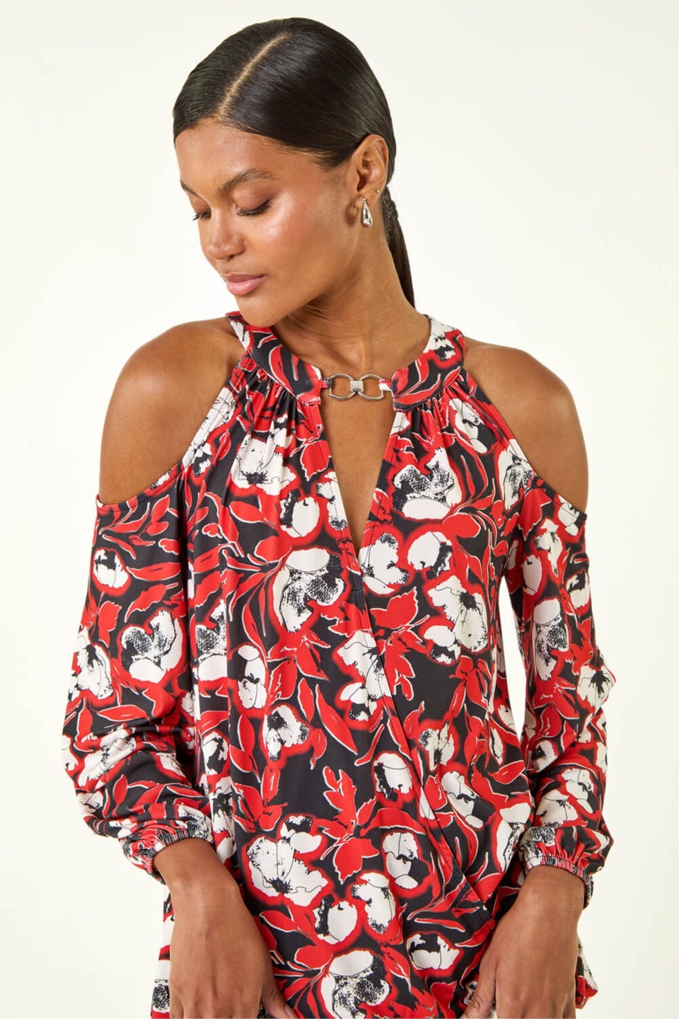 Roman Red Printed Cold Shoulder Stretch Top