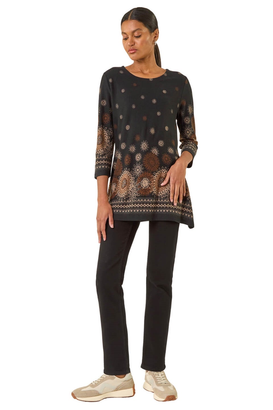 Roman Black Sunflower Printed Tunic Top
