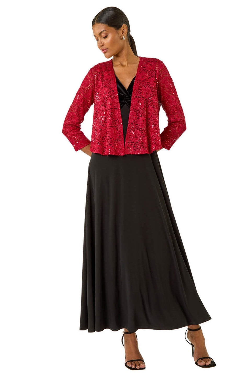Roman Red Glitter Sequin Lace Top