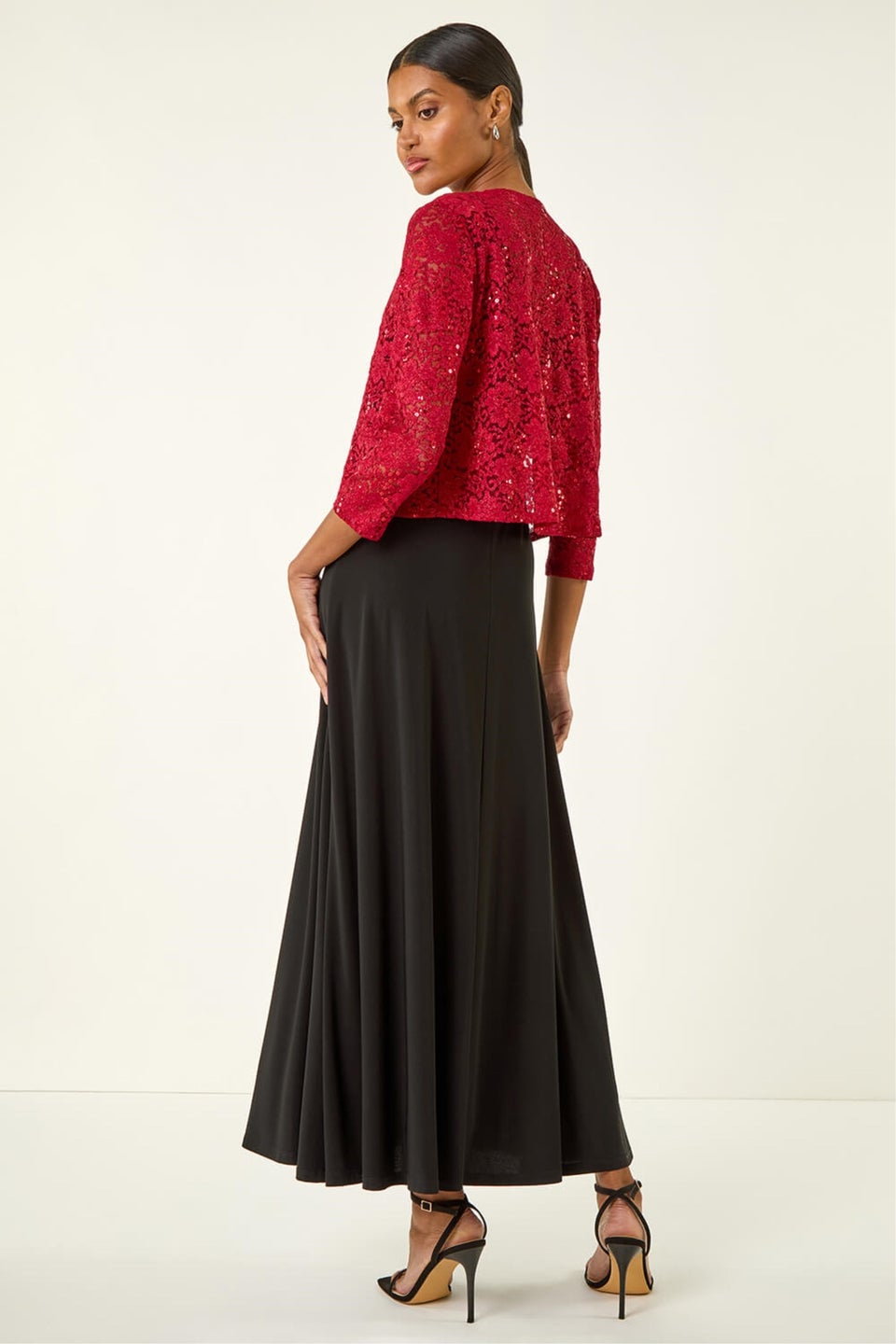 Roman Red Glitter Sequin Lace Top