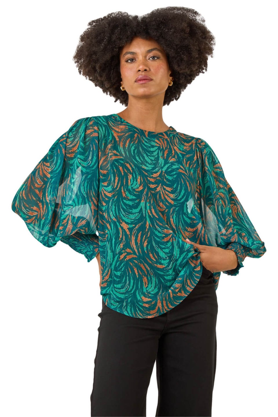 Roman Dark Green Metallic Abstract Printed Top