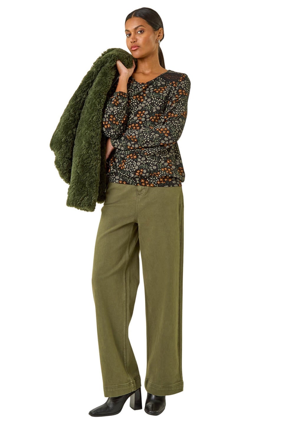 Roman Green Printed Lace Stretch Top