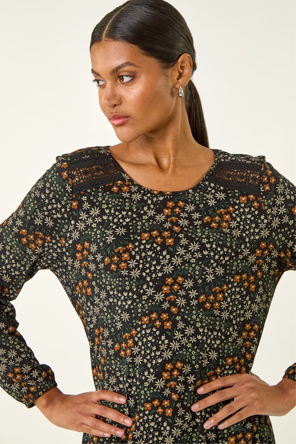 Roman Green Printed Lace Stretch Top