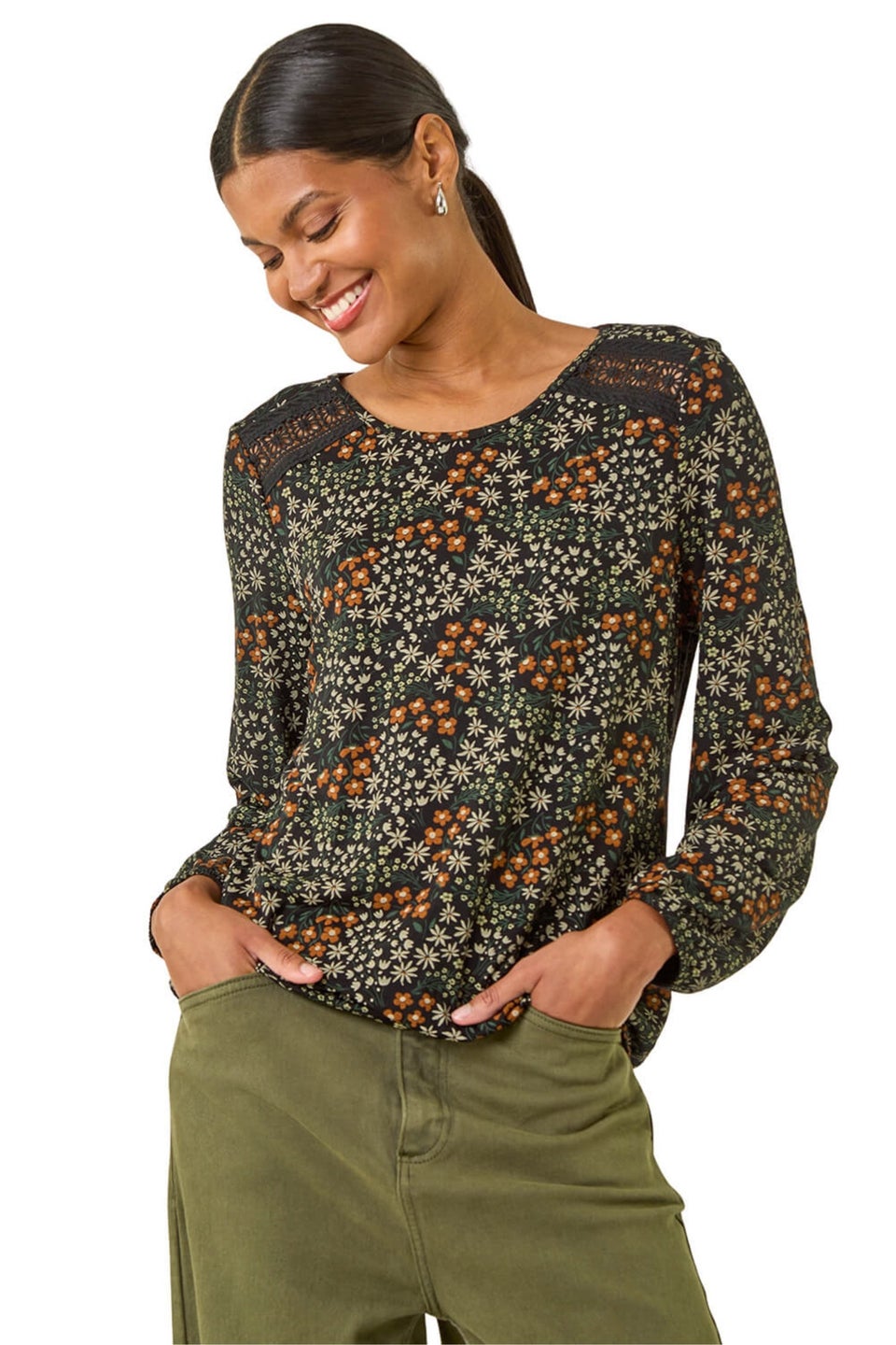 Roman Green Printed Lace Stretch Top