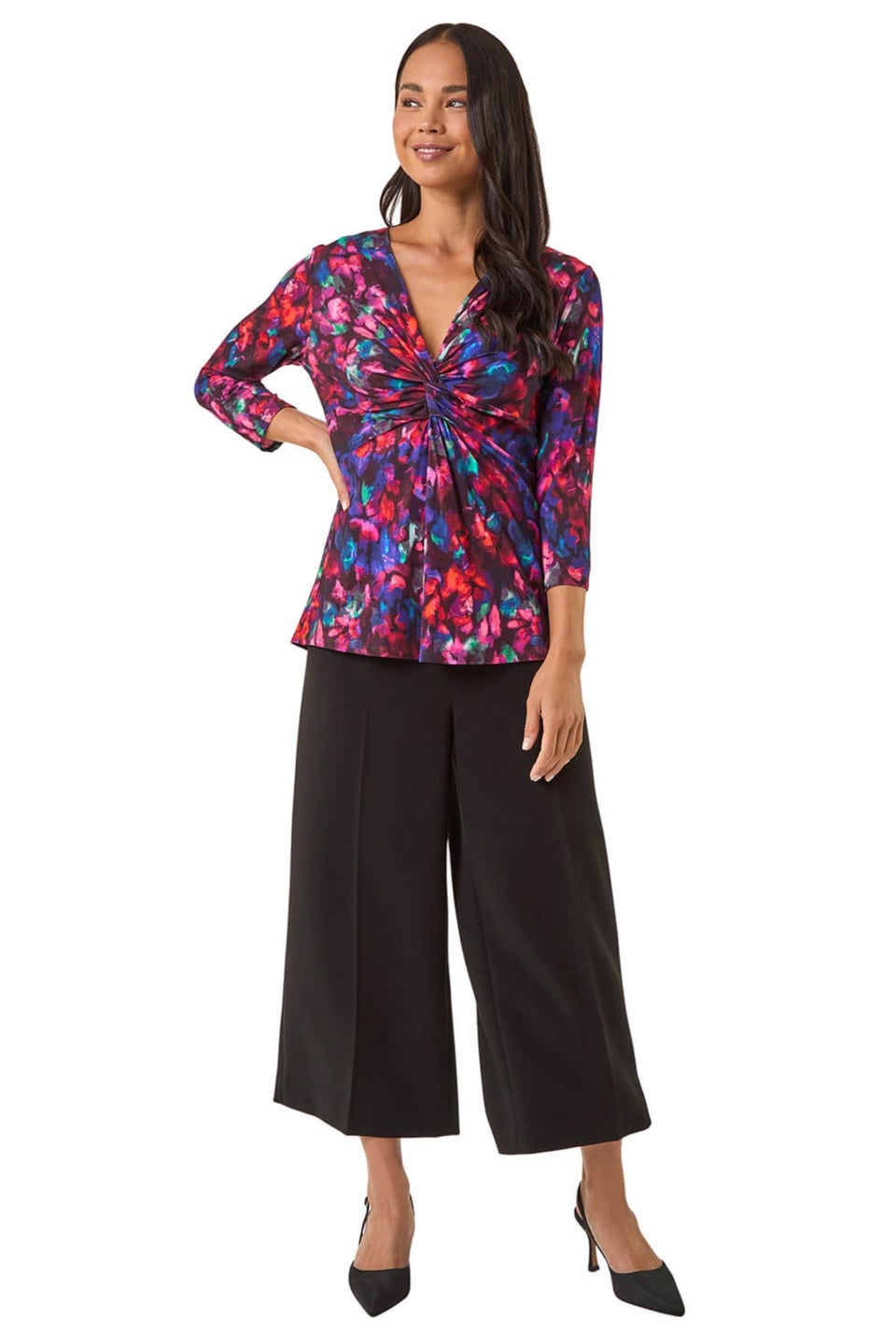 Roman Wine Petite Abstract Print Knot Front Top