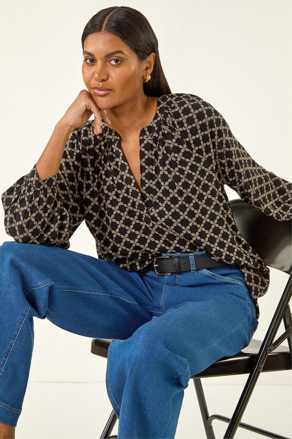 Roman Black Geometric Print Raglan Top