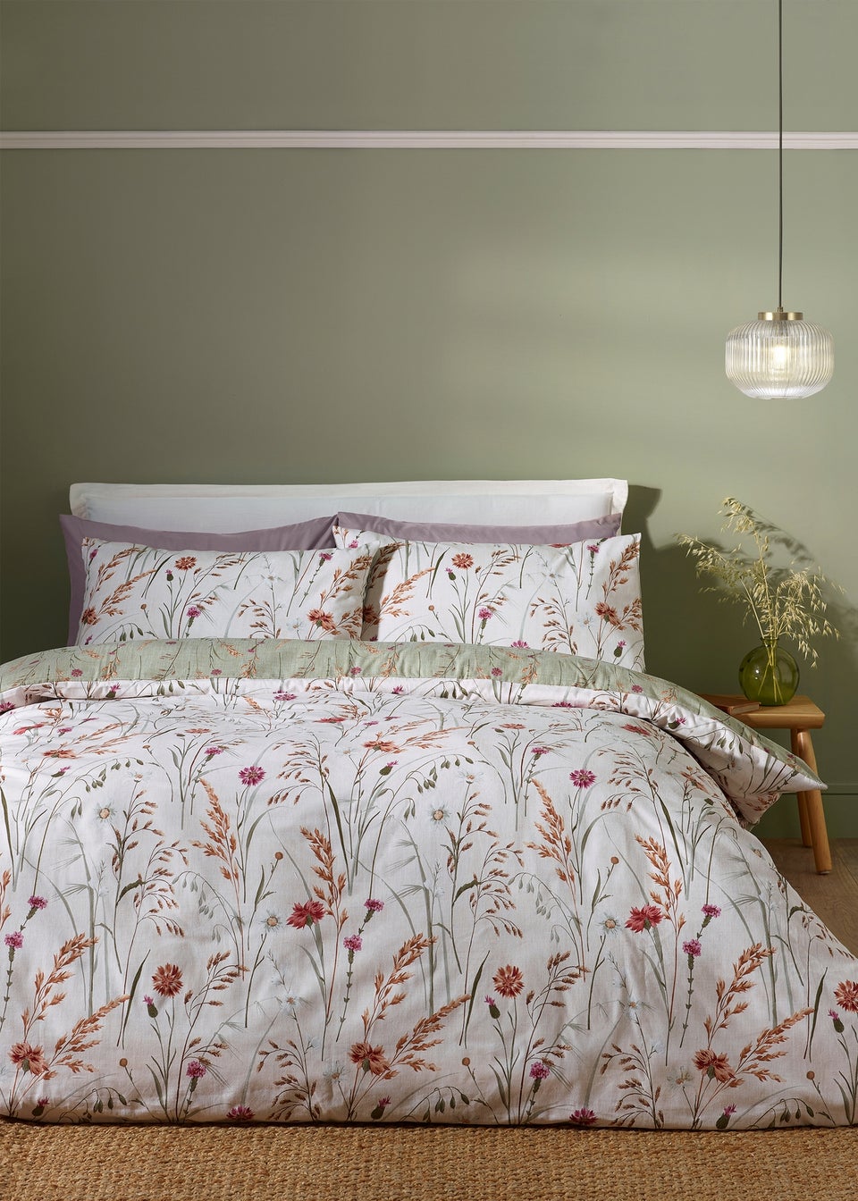 Catherine Lansfield Brushed Grasmere Floral Cotton Reversible Duvet Cover Set Green