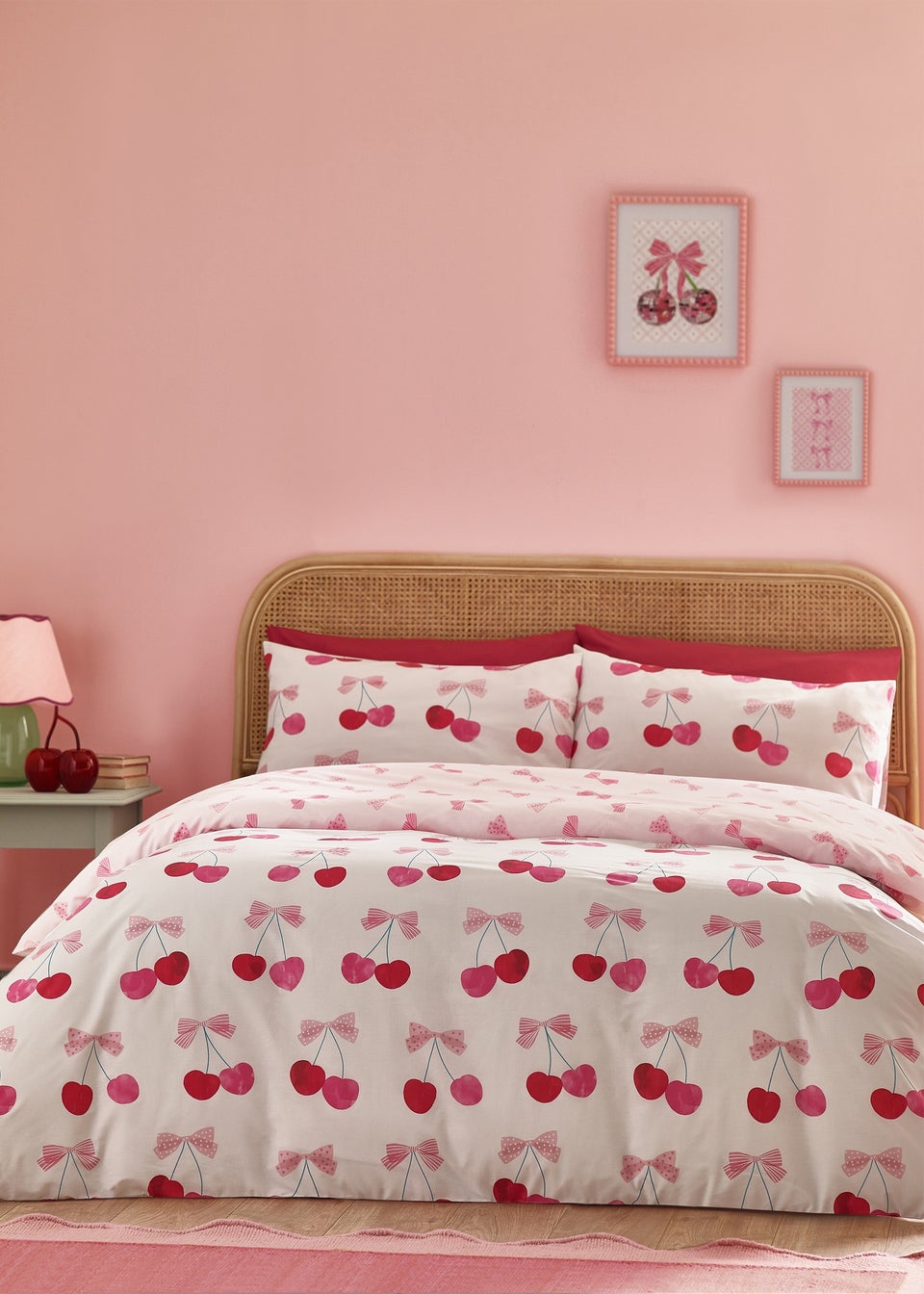 Catherine Lansfield Cherries and Bows Reversible Duvet Cover Set Pink