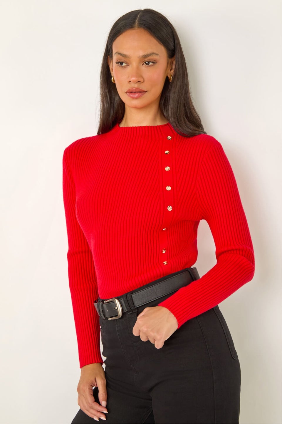 Dusk Red High Neck Button Detail Rib Jumper