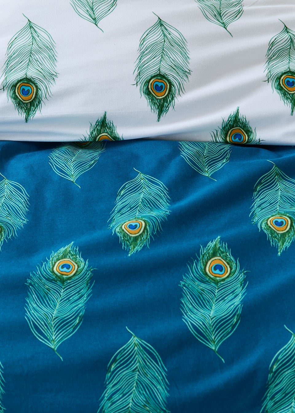 Their Nibs Peacock Feather Cotton Reversible Duvet Cover Set Teal Green