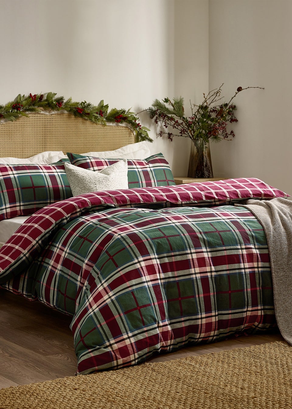 Wylder Nature Braemar Check Soft Brushed Cotton Berry/Pine Duvet Set