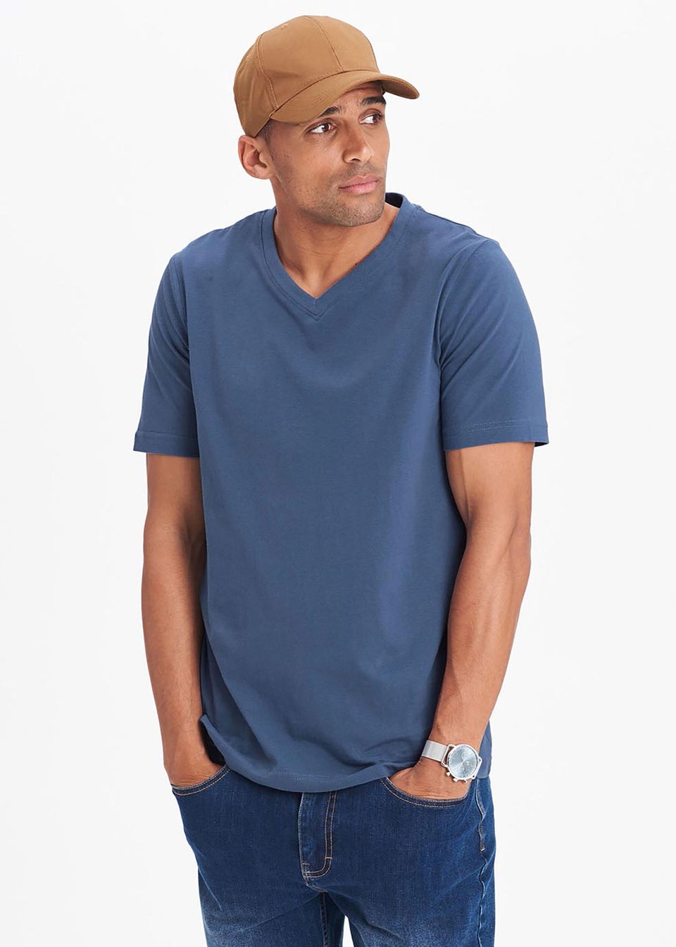 Cotton Traders Steel Blue V Neck T-Shirt
