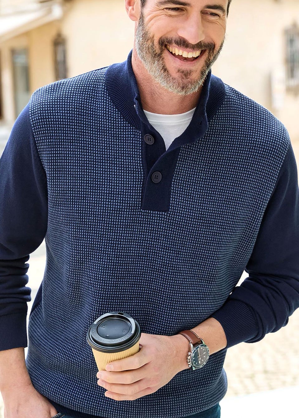 Cotton Traders Ink Half Button Textured Birdseye Jumper