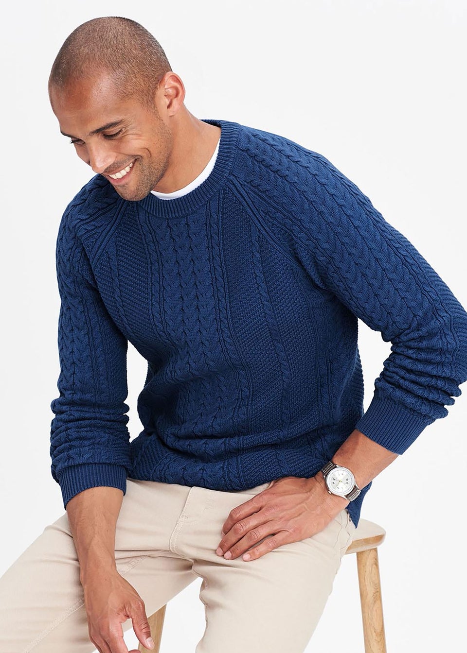 Cotton Traders Dark Sky Cotton Textured Cable Crew Neck Jumper