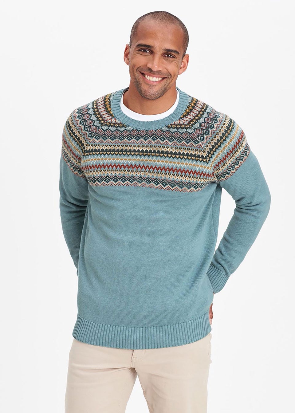 Cotton Traders Duck Egg Cotton Fair Isle Crew Neck Jumper