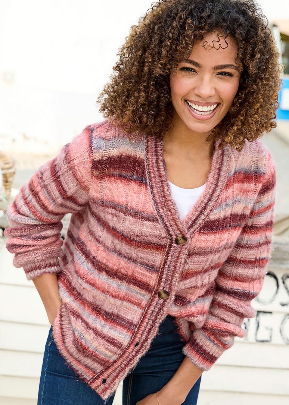Cotton Traders Light Rose Ombre Stripe Cardigan