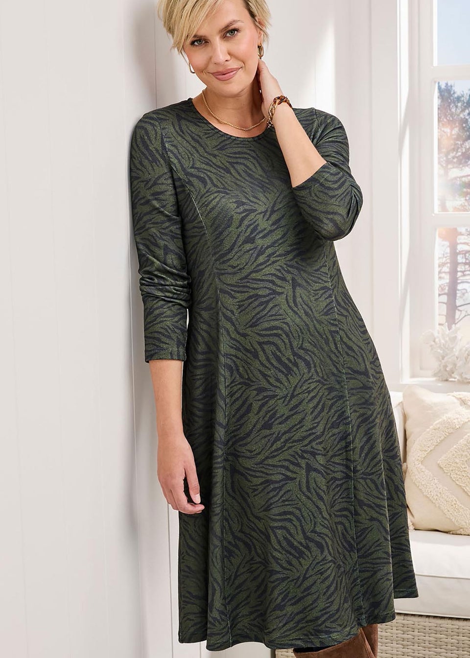 Cotton Traders Olive Soft Touch Jersey Knee Length Swing Dress