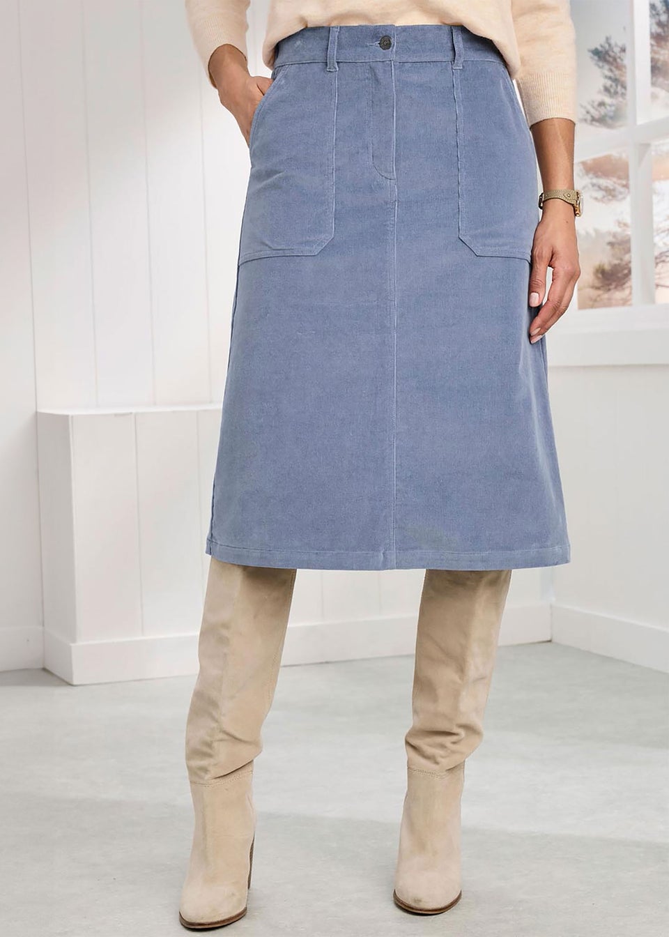 Cotton Traders Misty Blue Stretch Cord Midi Skirt