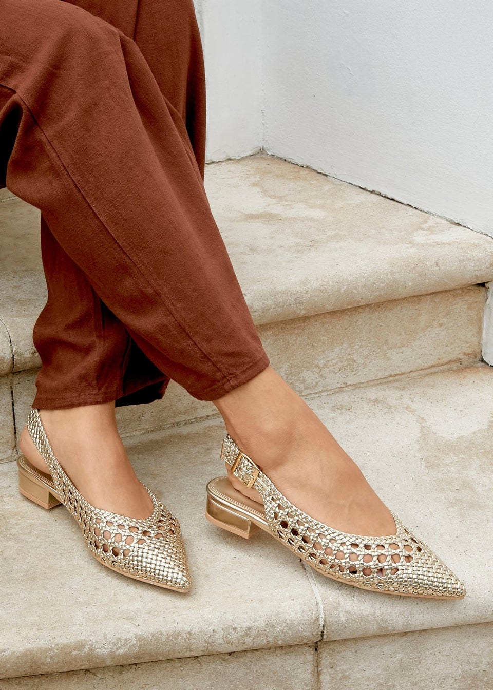 Linzi Carolina Gold Faux Leather Woven Ballet Flats