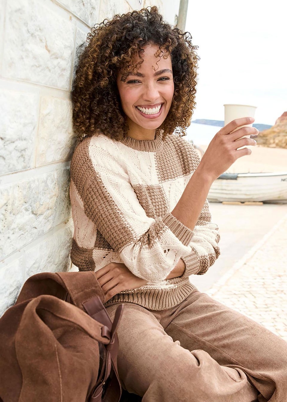 Cotton Traders Light Tan Patchwork Jumper