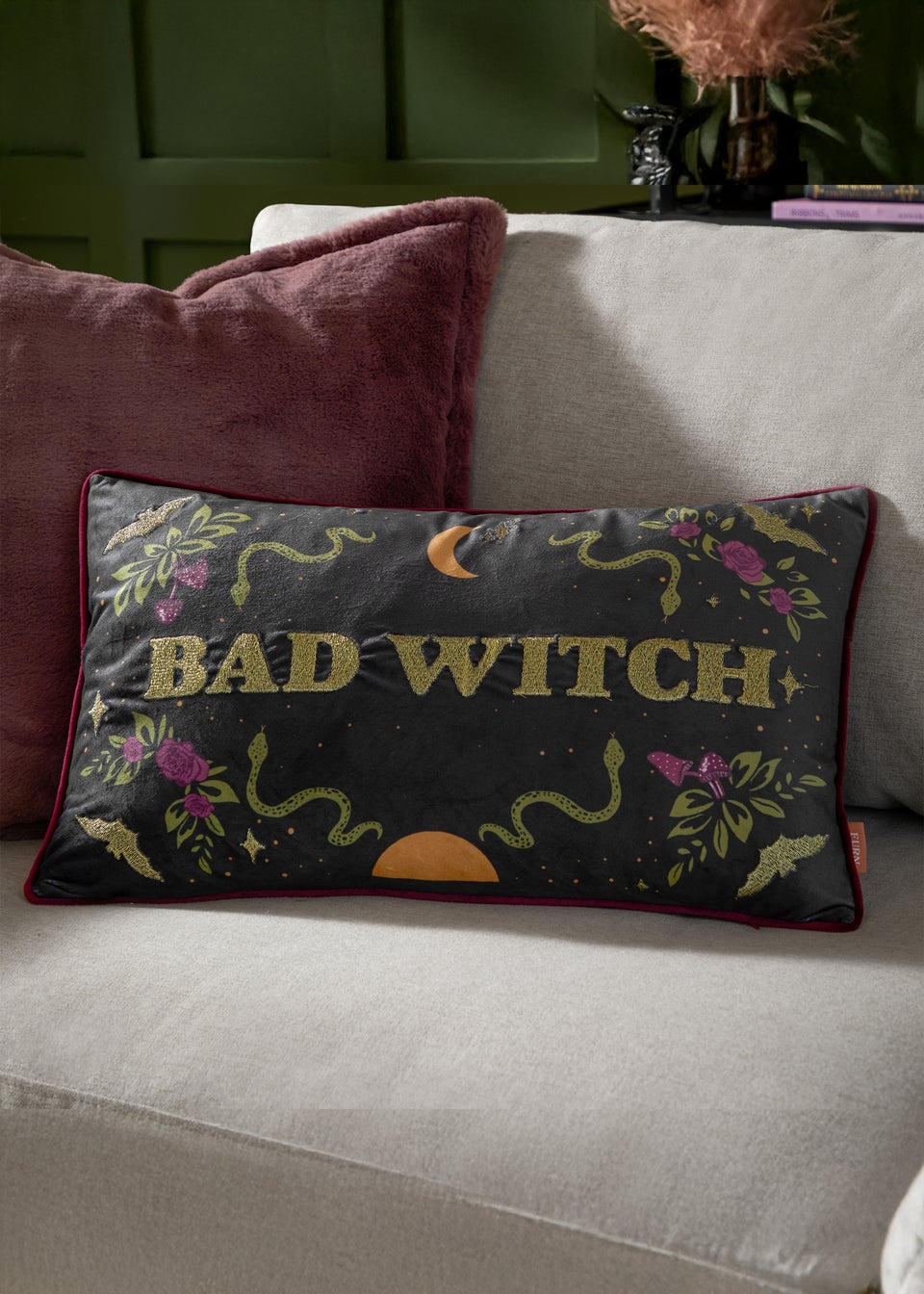 Furn Bad Witch Embroidered Velvet Black Magic Cushion