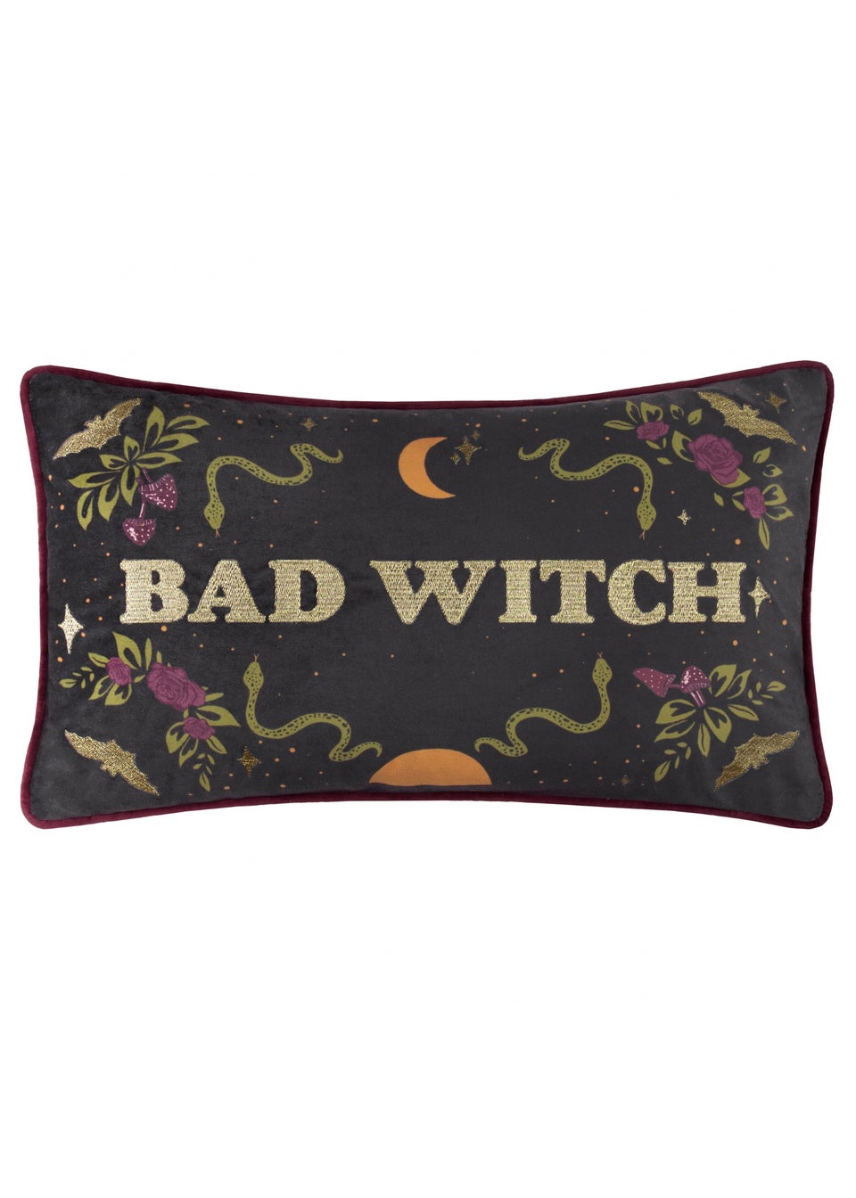 Furn Bad Witch Embroidered Velvet Black Magic Cushion