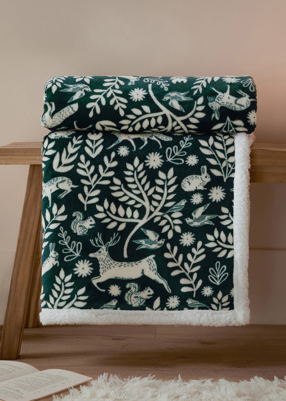 Furn Forest Green Skandi Woodland Sherpa Fleece Forest Throw