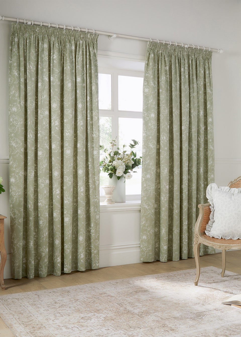 Wylder Nature Bella Floral Lined Sage Pencil Pleat Curtain Pair