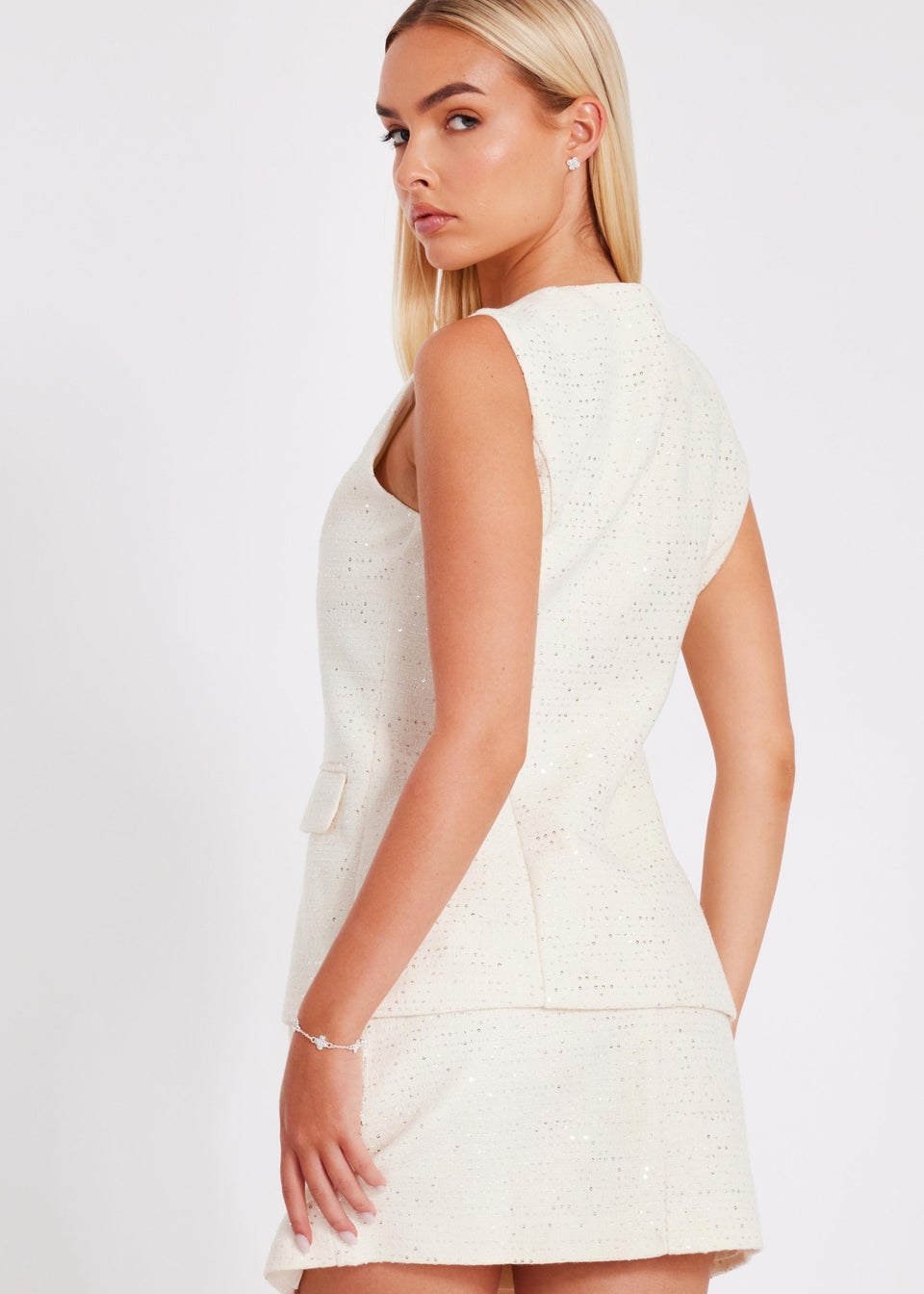 Quiz Cream Boucle Sequin Mini Skirt