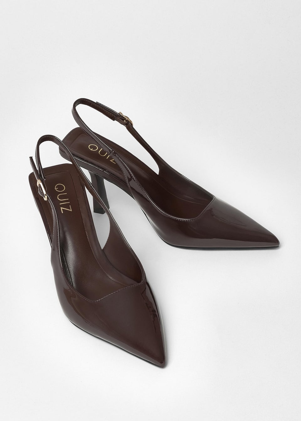 Quiz Brown Patent Sling Back Court Heels