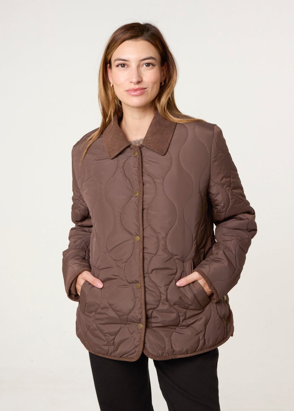 Blue Vanilla Brown Quilted Cord Collar Coat