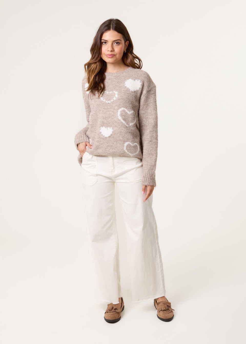 Blue Vanilla Beige Diamante Detailed Heart Jumper