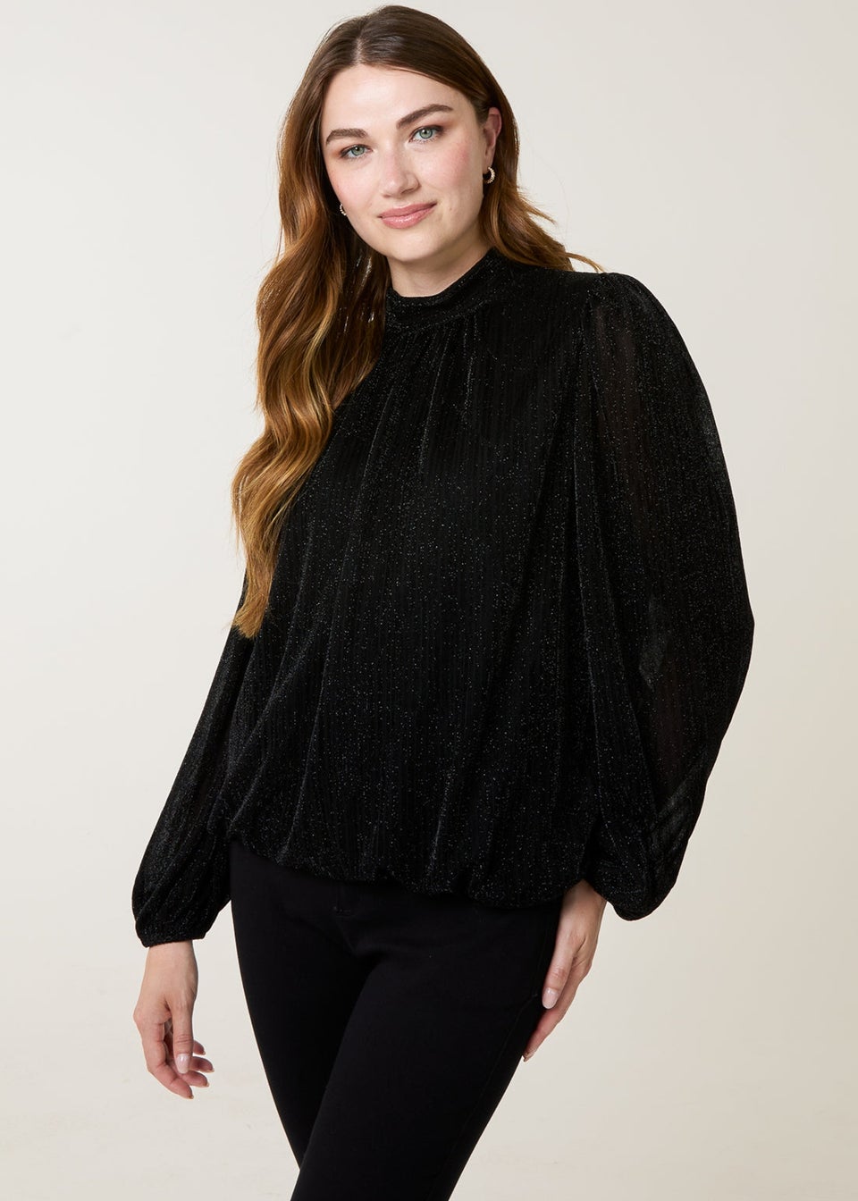 Blue Vanilla Black Lurex High Neck Puff Ball Top