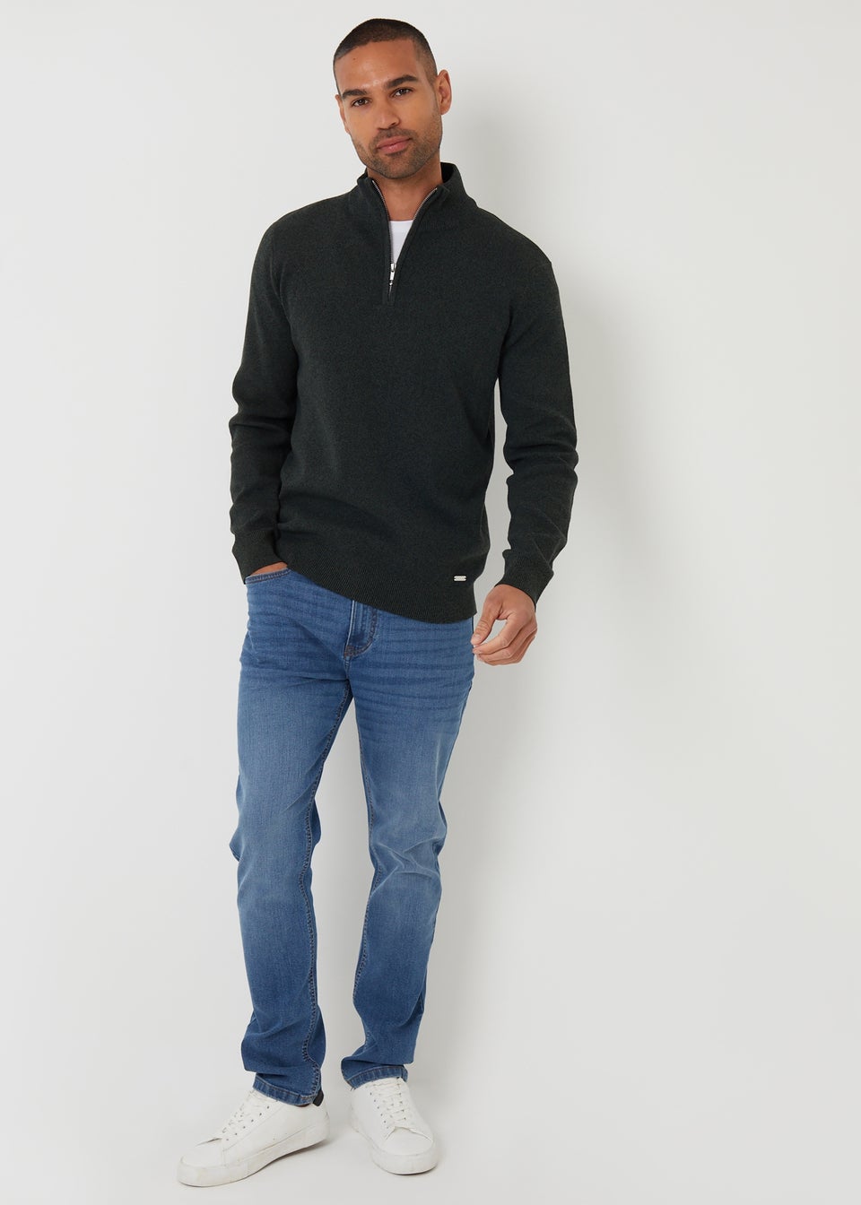 Threadbare Khaki Cotton Blend Knitted Quarter Zip Jumper
