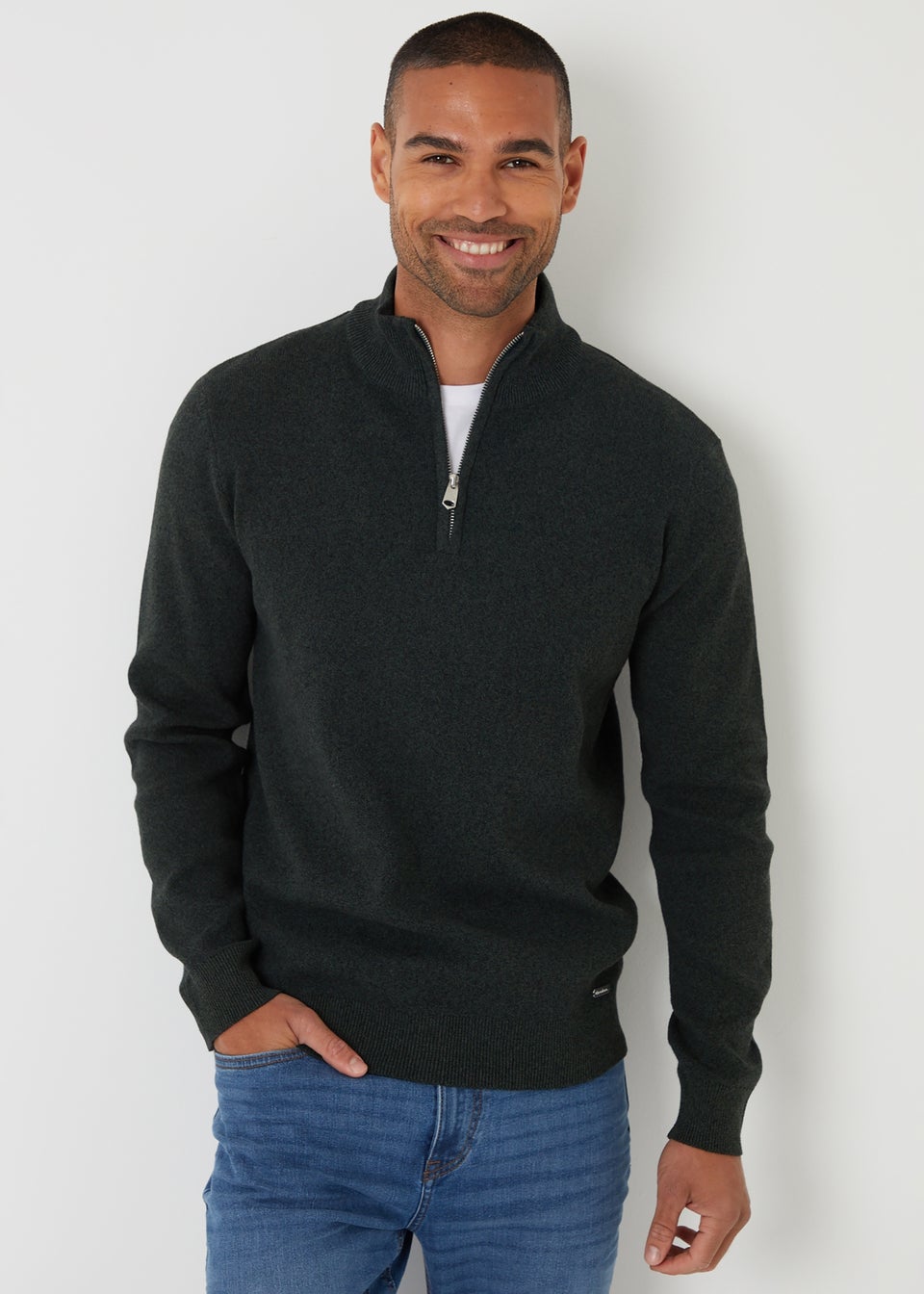 Threadbare Khaki Cotton Blend Knitted Quarter Zip Jumper