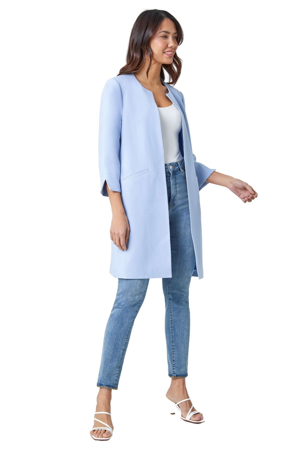 Roman Light Blue 3/4 Sleeve Textured Longline Smart Jacket