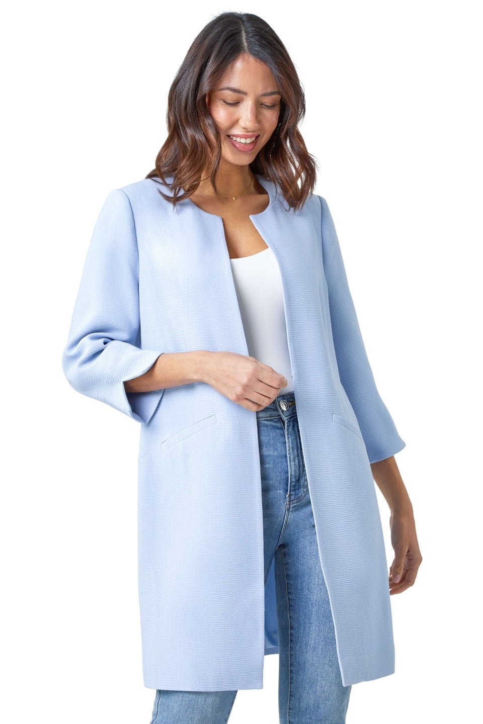 Roman Light Blue 3/4 Sleeve Textured Longline Smart Jacket