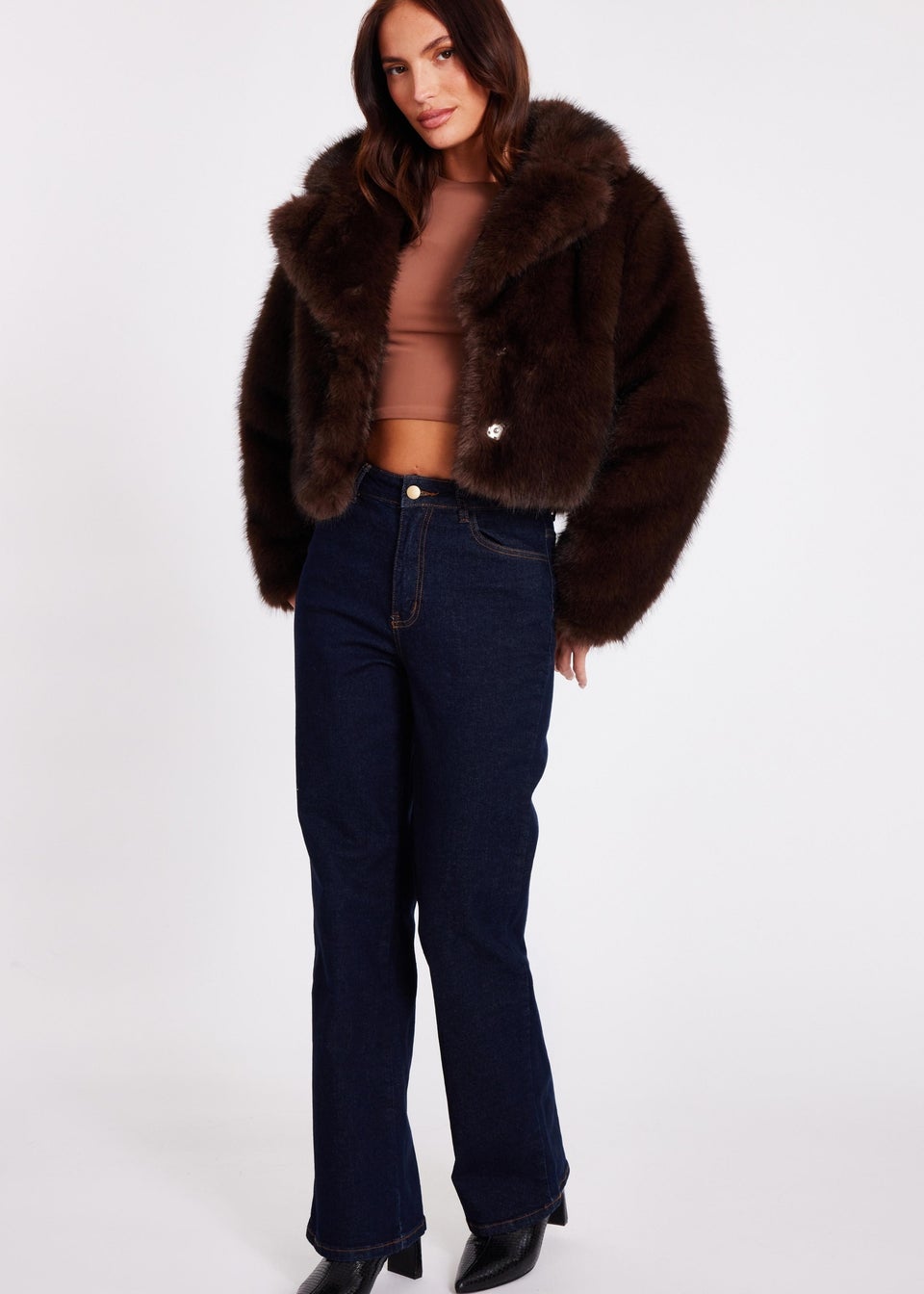 Quiz Brown Faux Fur Cropped Jacket