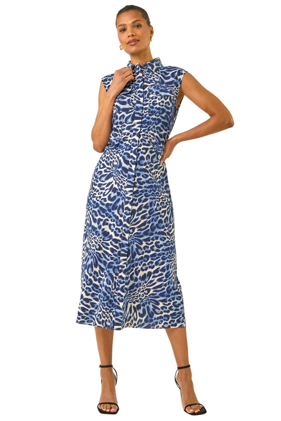 Roman Blue Animal Print Gathered Shirt Dress