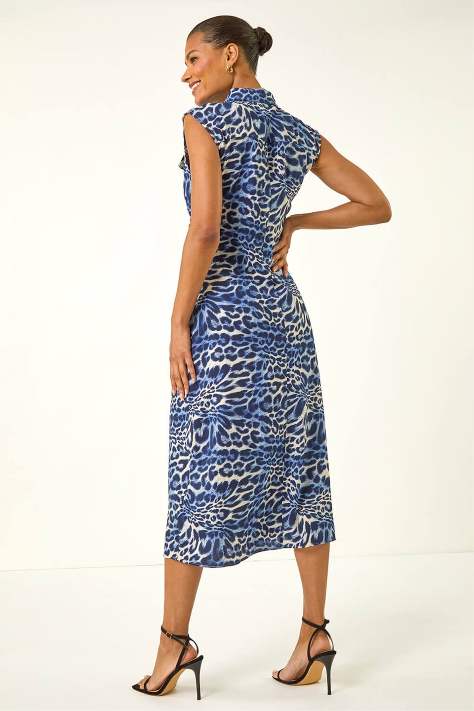 Roman Blue Animal Print Gathered Shirt Dress