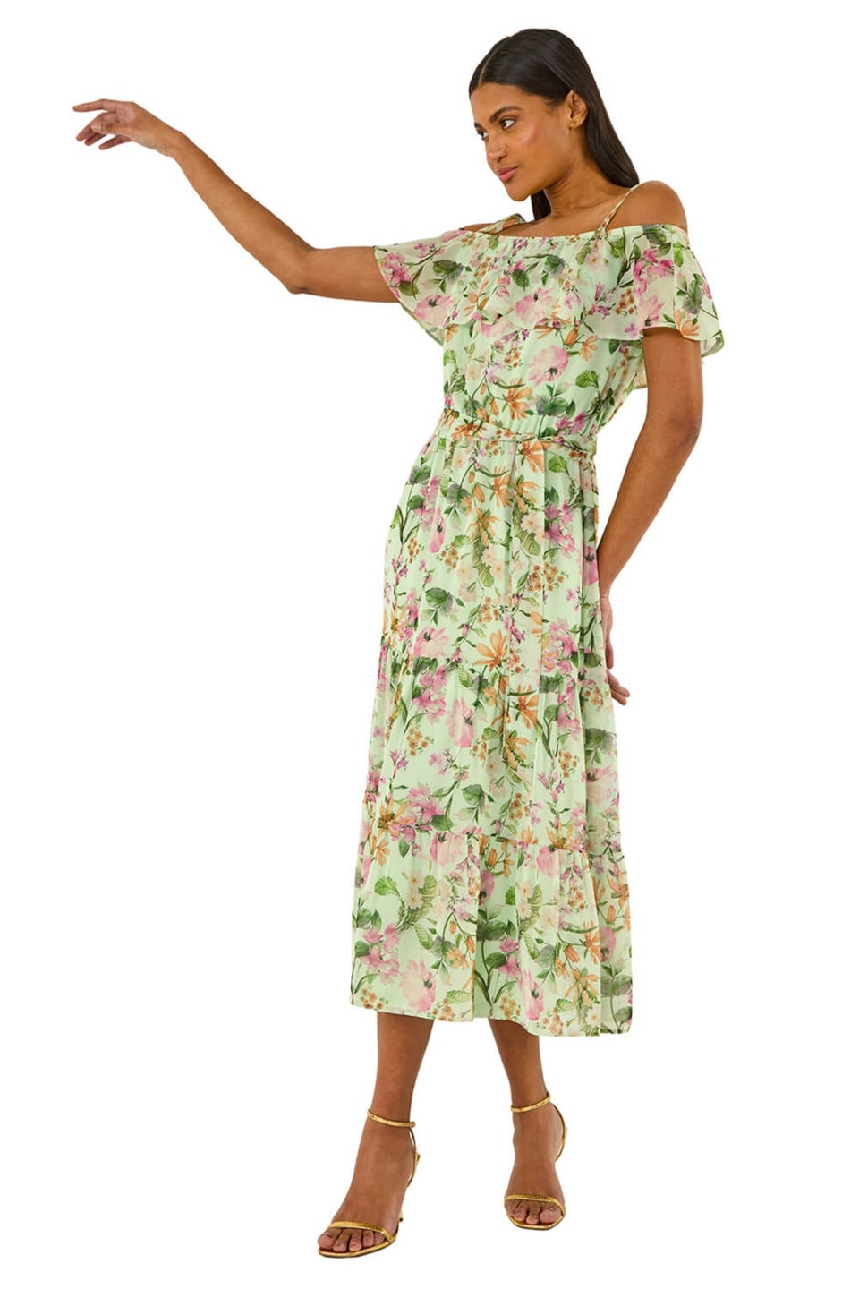 Roman Mint Floral Bardot Midi Dress