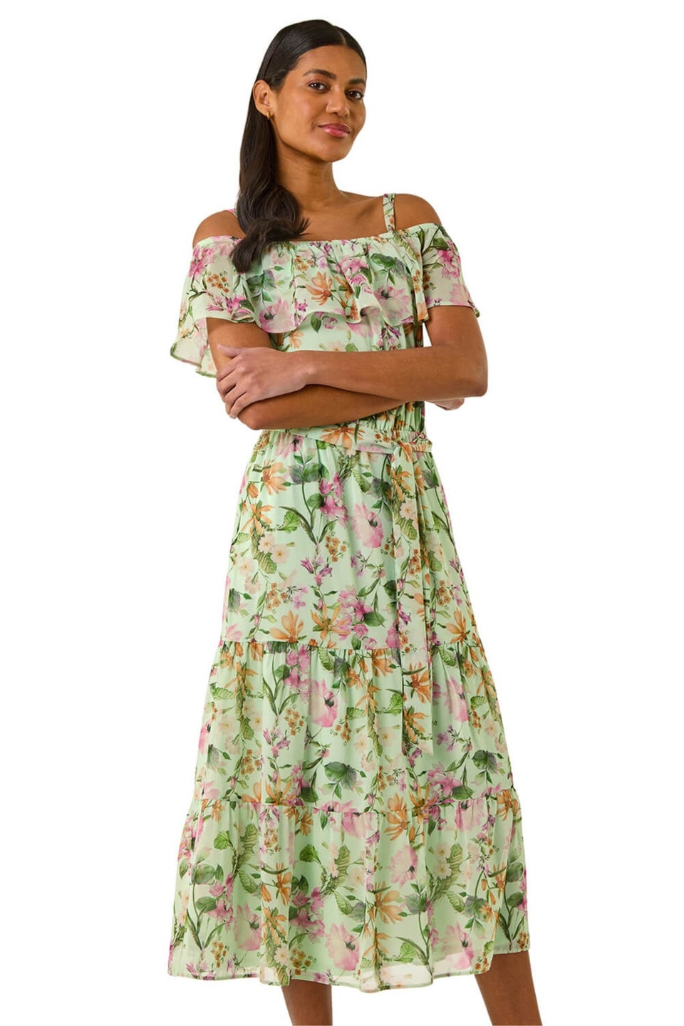 Roman Mint Floral Bardot Midi Dress
