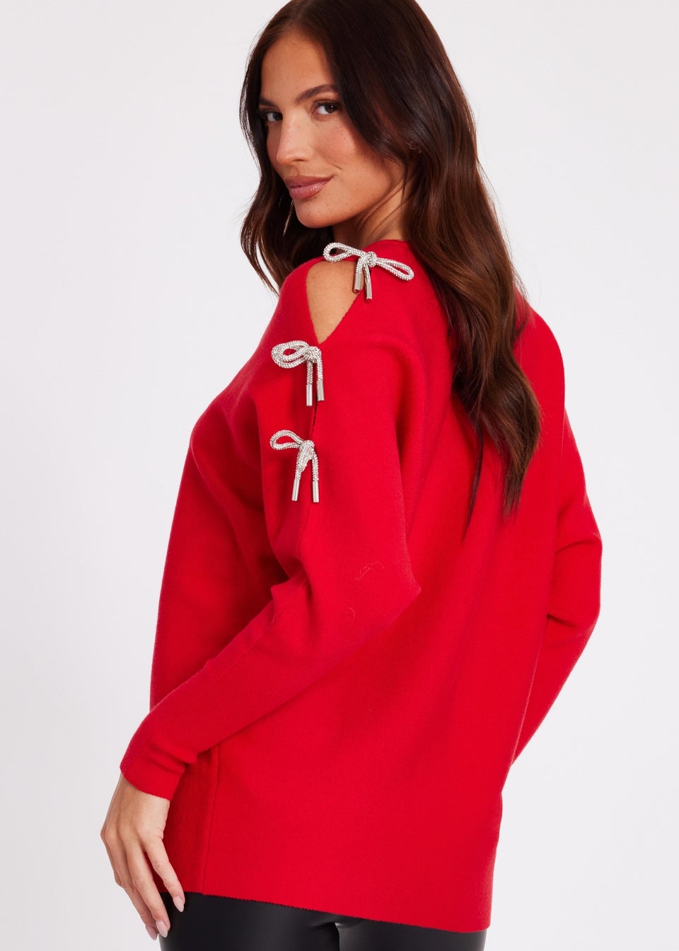 Quiz Red Diamante Bow Sleeve Jumper