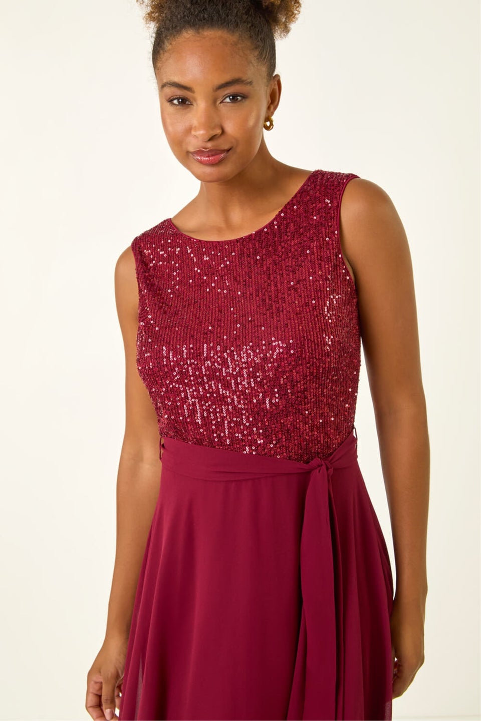 Roman Bordeaux Sequin Bodice Belted Chiffon Dress