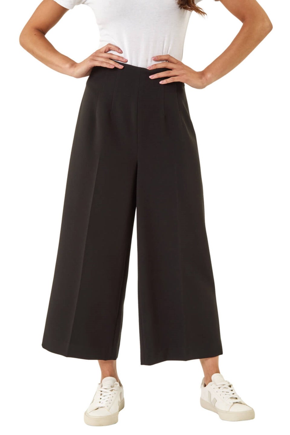 Roman Black Petite Cropped Wide Leg Stretch Trouser