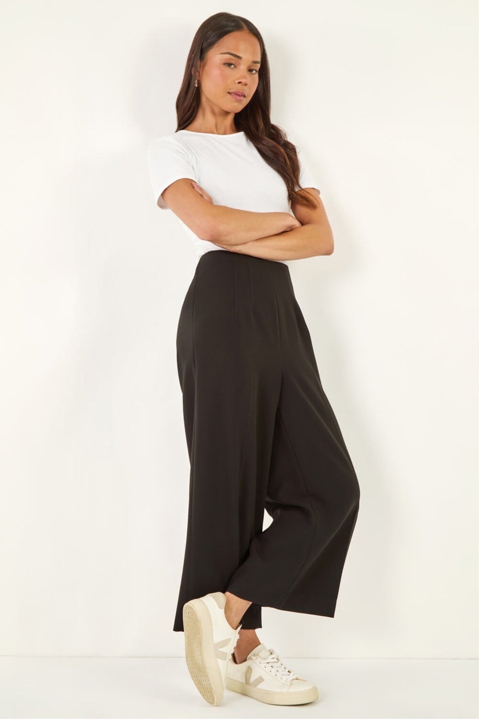 Roman Black Petite Cropped Wide Leg Stretch Trouser