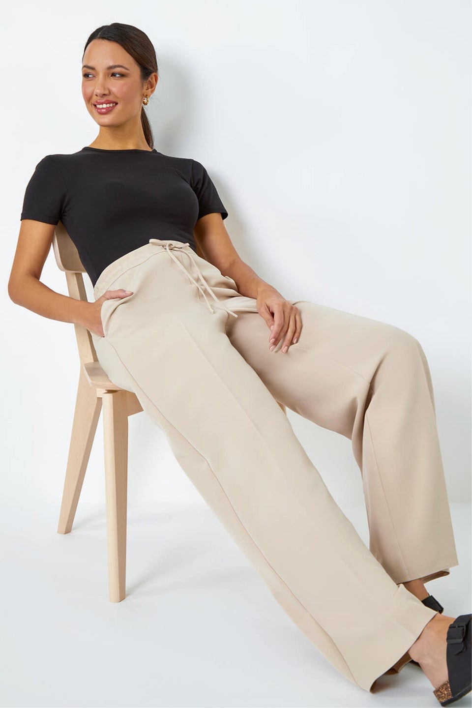 Roman Stone Wide Leg Elastic Waist Tie Front Trouser