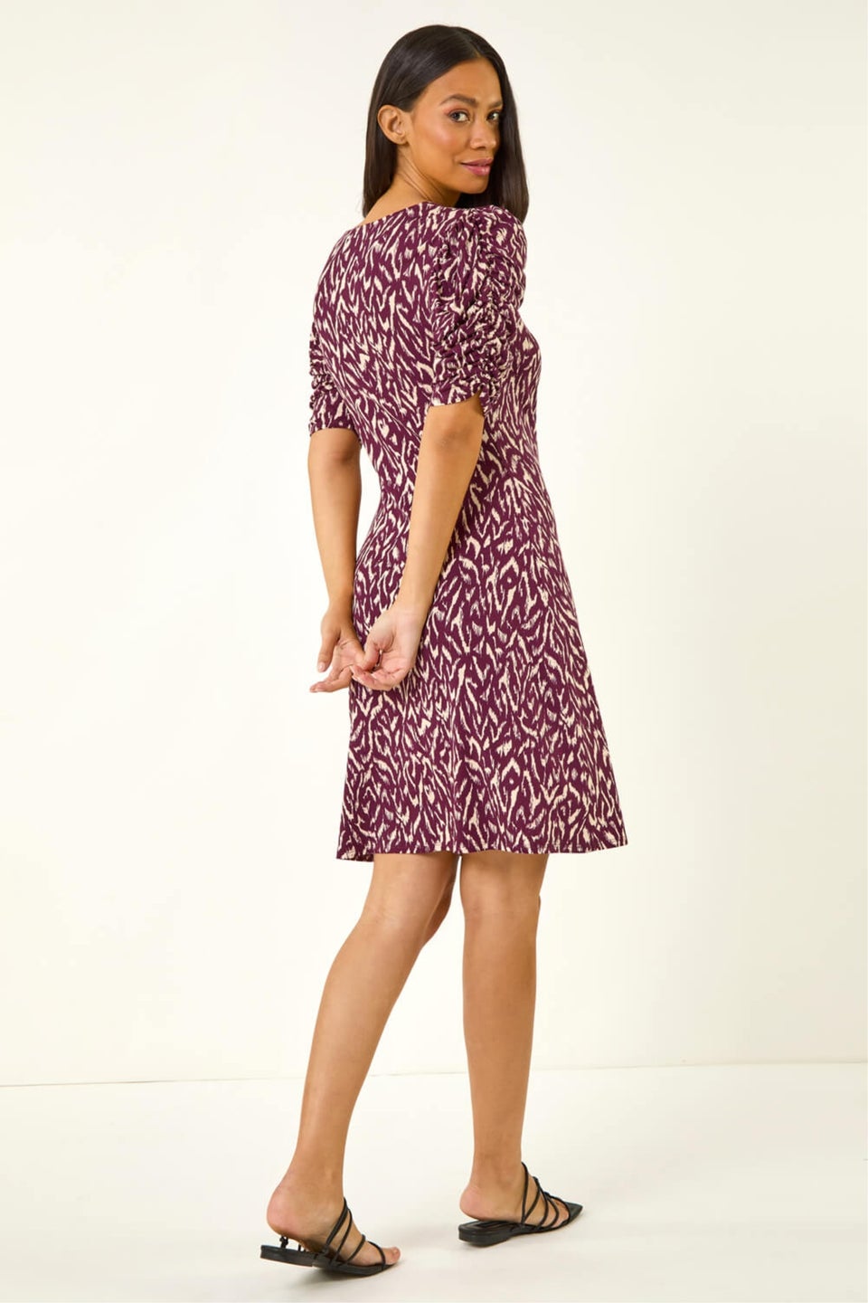 Dusk Wine Abstract Print Front Ruched Dress