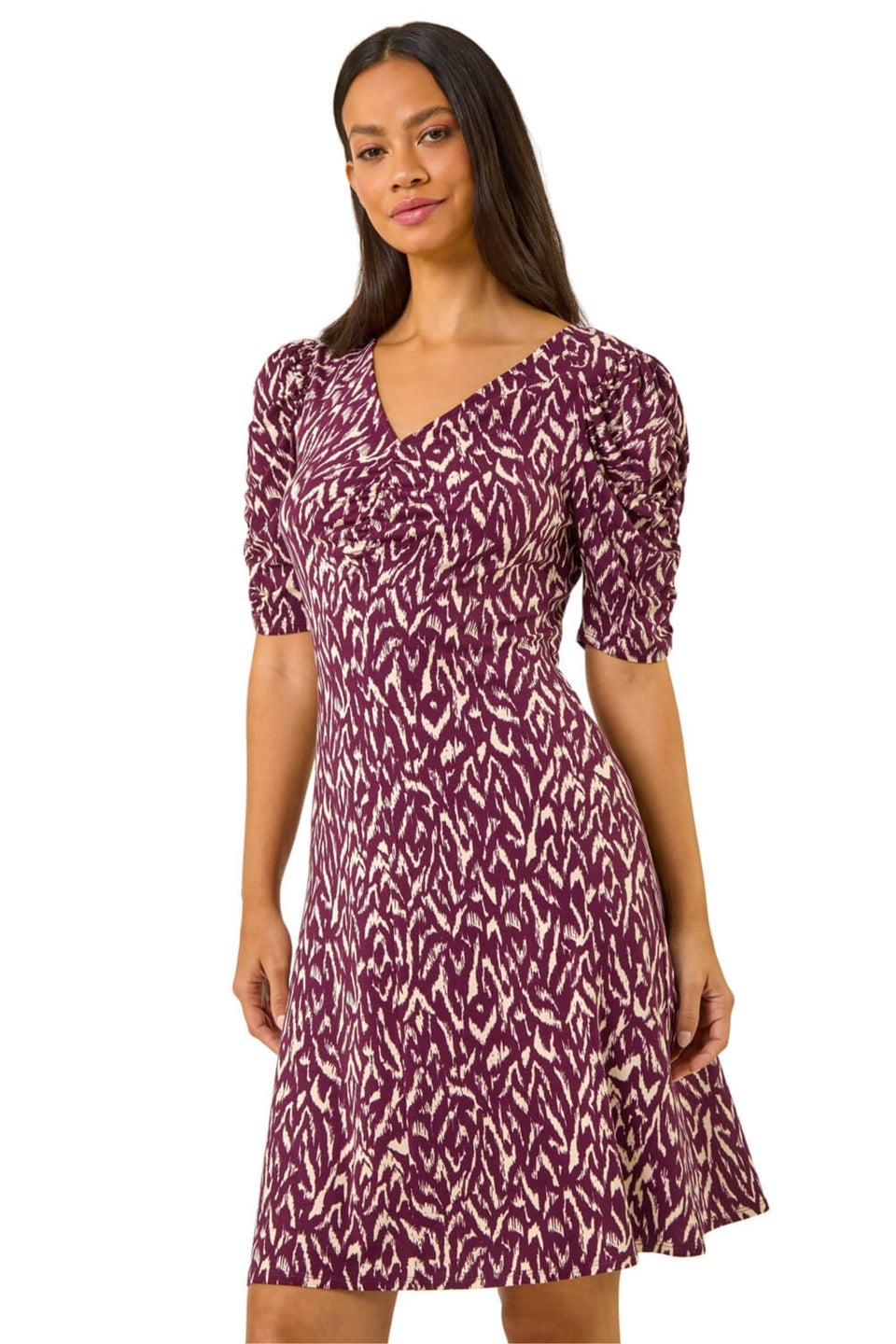 Dusk Wine Abstract Print Front Ruched Dress