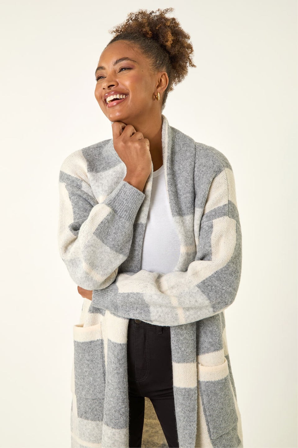 Roman Grey Check Longline Pocket Cardigan